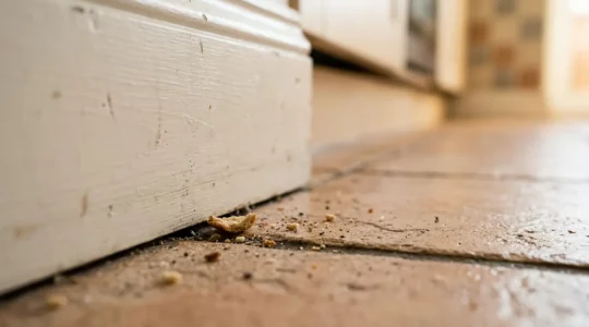 Vue macro d'un insecte rampant dans une cuisine moderne avec détails naturels et éclairage doux