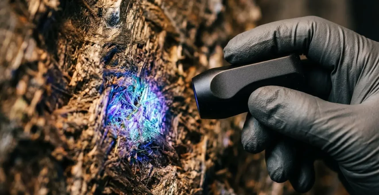 Gros plan sur une main gantée inspectant méticuleusement une surface avec une lampe de diagnostic