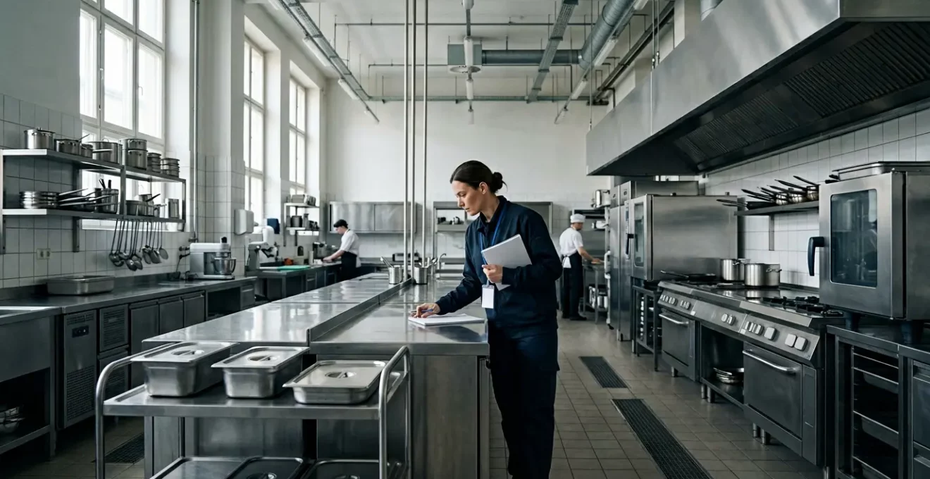 Inspection sanitaire en cuisine professionnelle avec inspecteur vérifiant les installations