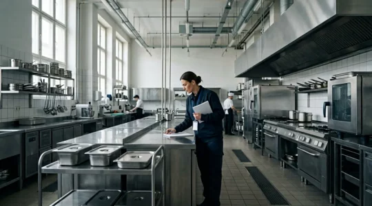 Inspection sanitaire en cuisine professionnelle avec inspecteur vérifiant les installations
