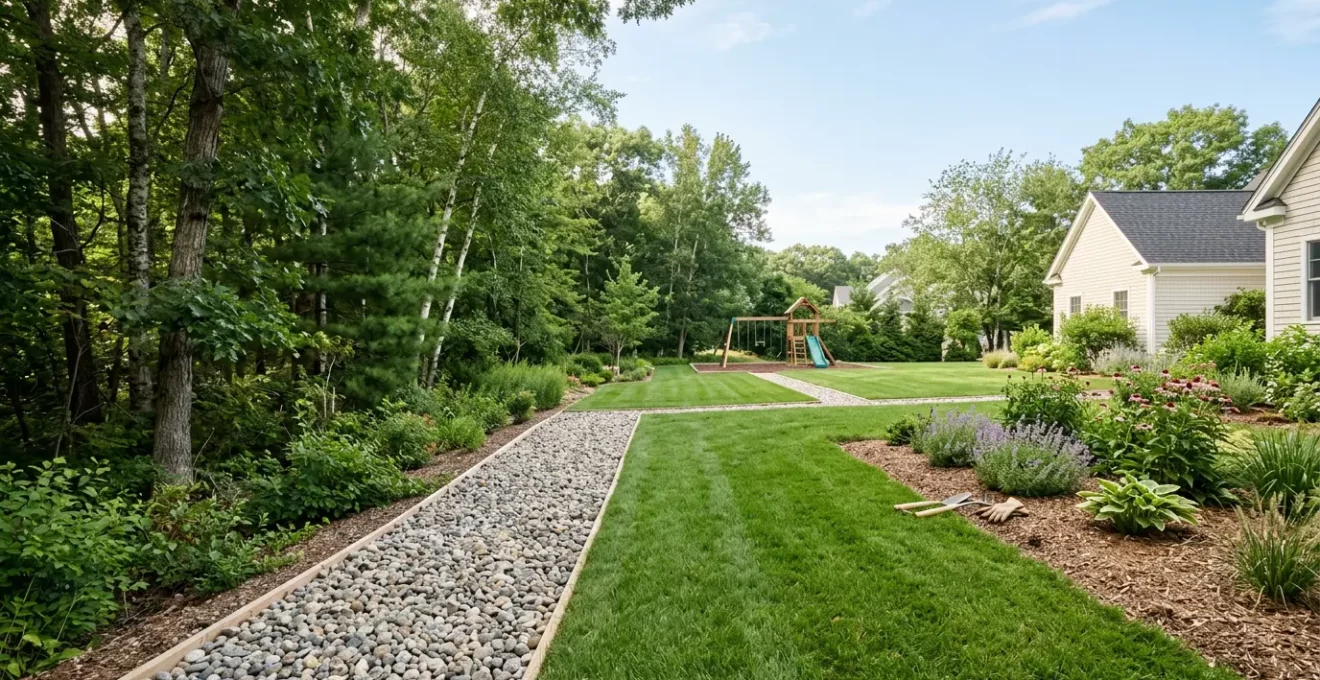 Aménagement d'un jardin résidentiel avec zones de gravier, pelouse tondue et végétation gérée pour réduire le risque de tiques