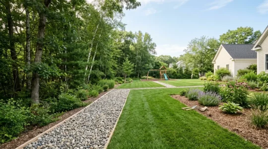 Aménagement d'un jardin résidentiel avec zones de gravier, pelouse tondue et végétation gérée pour réduire le risque de tiques