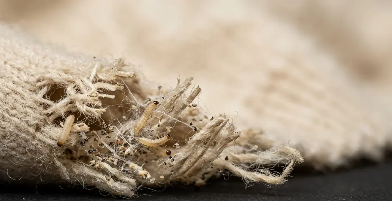 Gros plan sur des fibres de laine endommagées révélant les dégâts causés par les larves de mites textiles