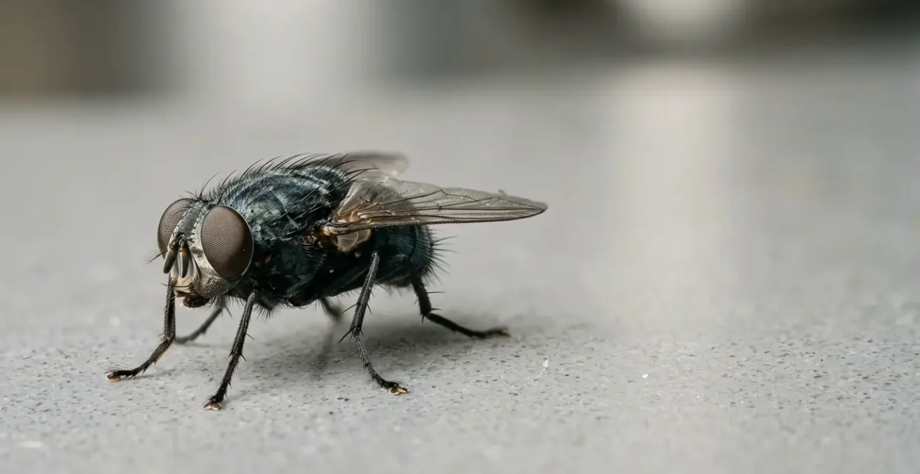 Gros plan macro sur une mouche domestique posée sur une surface de cuisine, montrant ses pattes et son corps velu porteurs de microbes