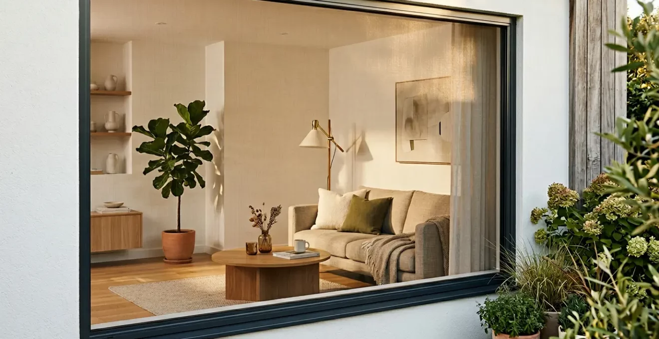 Moustiquaire enroulable moderne installée sur une fenêtre ouverte protégeant un intérieur lumineux