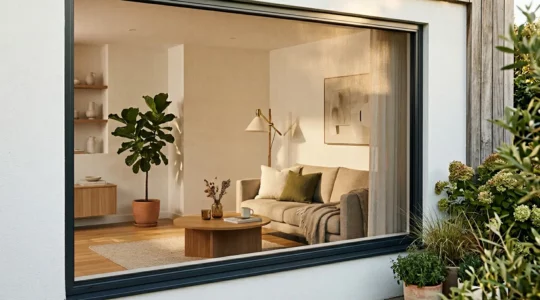 Moustiquaire enroulable moderne installée sur une fenêtre ouverte protégeant un intérieur lumineux