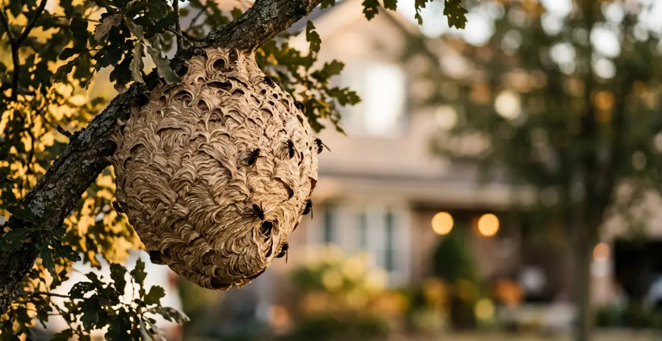 Nid de frelons asiatiques dans un arbre avec elements evoquant questions legales et financieres