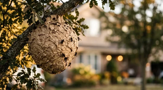 Nid de frelons asiatiques dans un arbre avec elements evoquant questions legales et financieres