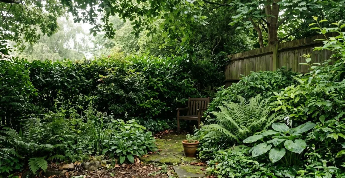 Zone ombragée d'un jardin avec végétation dense montrant l'emplacement idéal pour un piège à moustiques