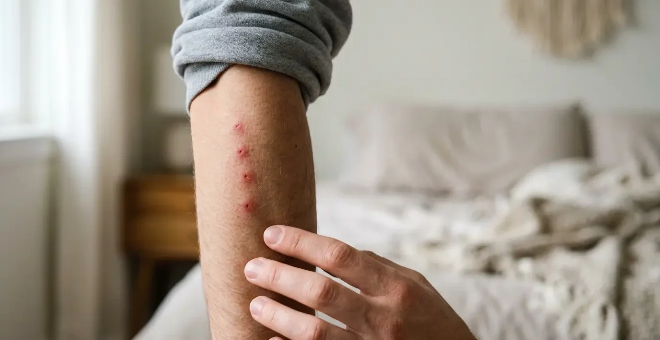 Bras humain présentant des piqûres d'insectes alignées sur la peau, permettant d'identifier la source des démangeaisons au réveil