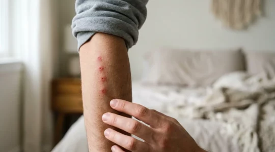 Bras humain présentant des piqûres d'insectes alignées sur la peau, permettant d'identifier la source des démangeaisons au réveil