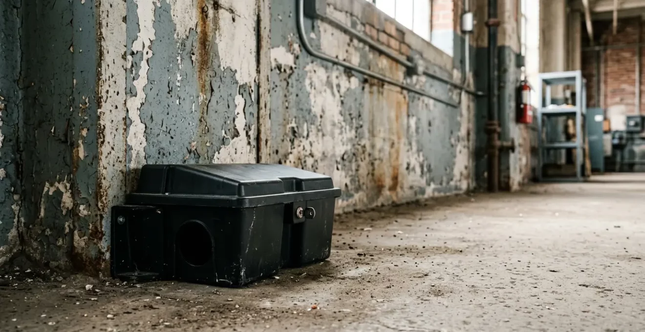 Poste d'appâtage sécurisé pour rats positionné contre un mur dans un environnement professionnel