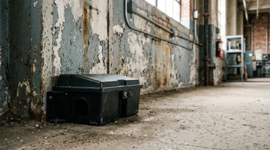 Poste d'appâtage sécurisé pour rats positionné contre un mur dans un environnement professionnel