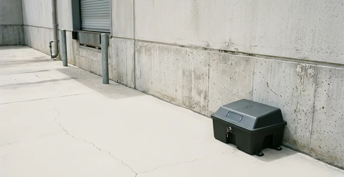 Poste d'appâtage sécurisé professionnel avec système de verrouillage installé le long d'un mur