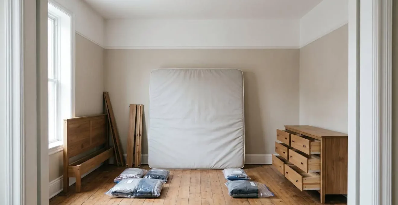Vue minimaliste d'une chambre préparée pour traitement anti-punaises avec meubles écartés des murs