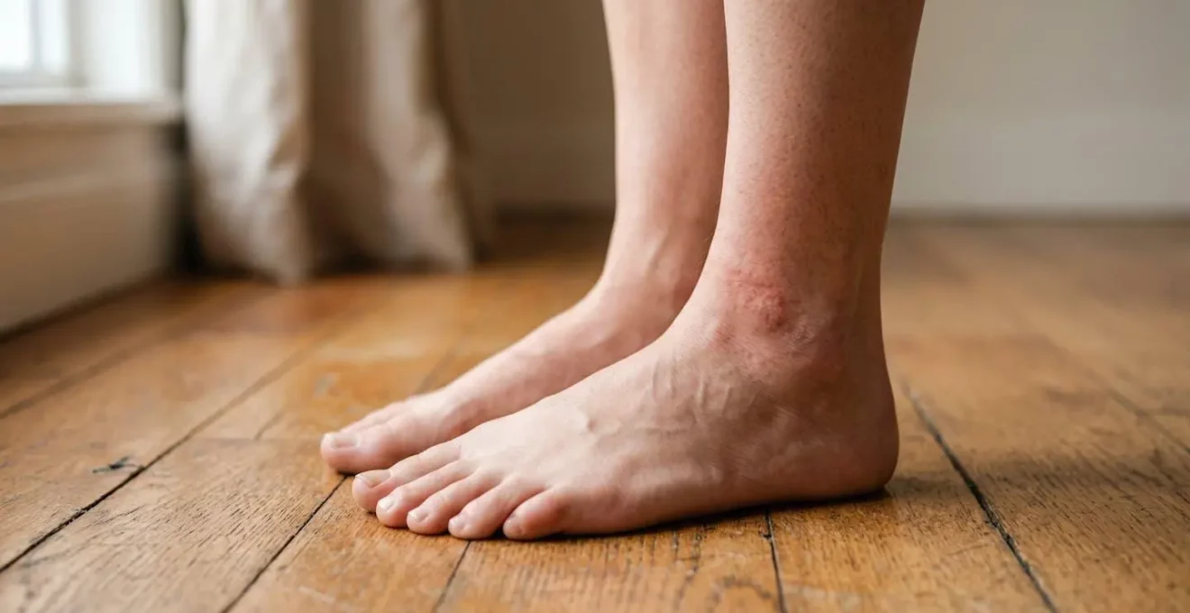 Gros plan sur les chevilles d'une personne pieds nus dans un intérieur domestique avec parquet en bois