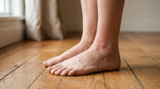 Gros plan sur les chevilles d'une personne pieds nus dans un intérieur domestique avec parquet en bois