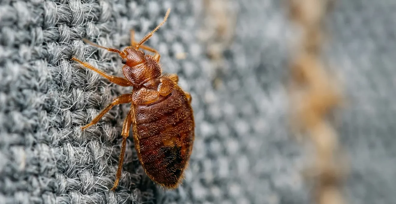Gros plan sur une punaise de lit sur un tissu, illustrant la résistance aux traitements