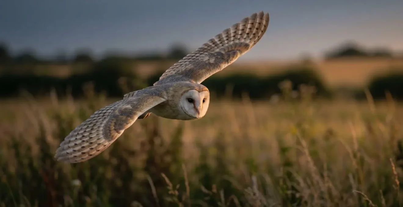 Chouette effraie en vol nocturne au-dessus d'un champ, représentant le prédateur naturel des rongeurs
