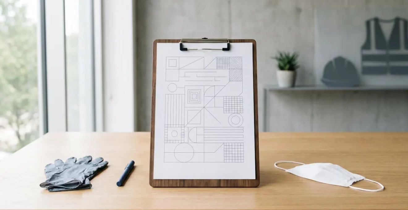 Document professionnel avec annotations manuscrites et équipement de protection en arrière-plan