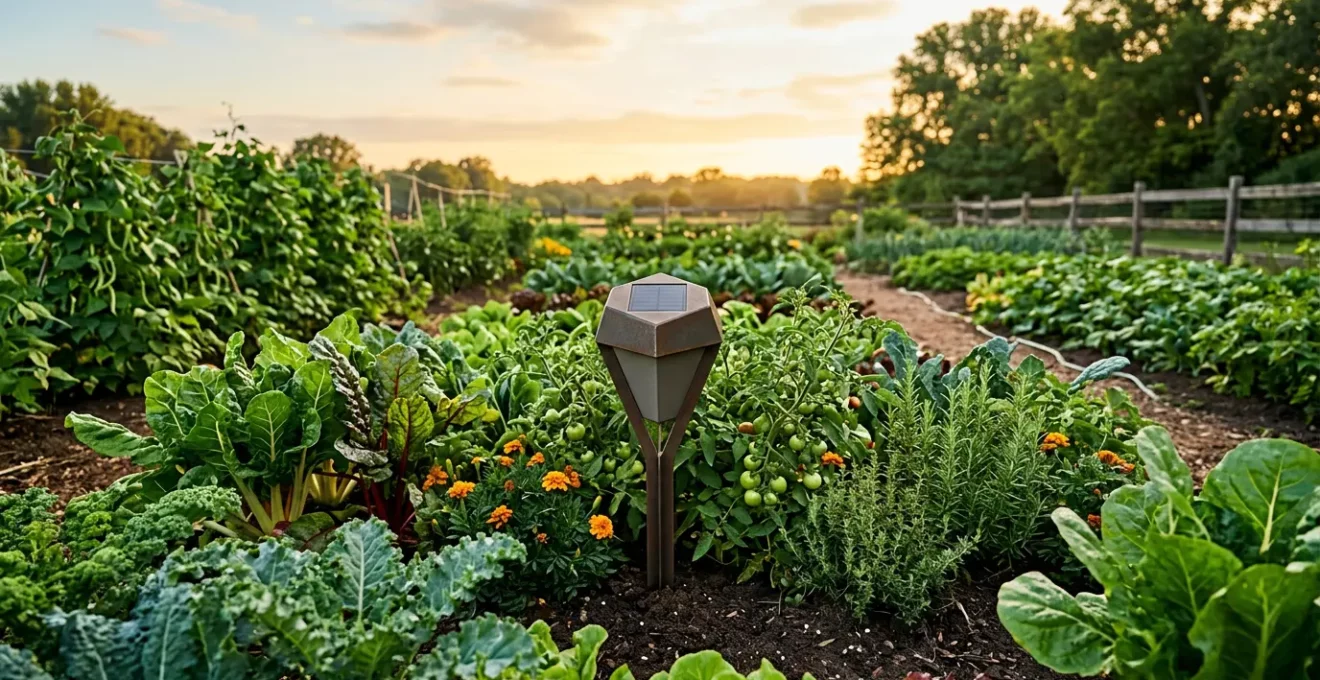 Répulsif solaire à ultrasons installé dans un potager pour protéger les cultures des nuisibles