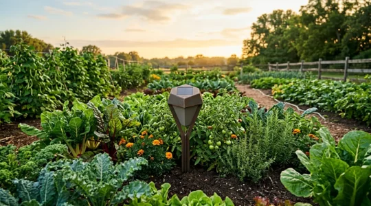 Répulsif solaire à ultrasons installé dans un potager pour protéger les cultures des nuisibles