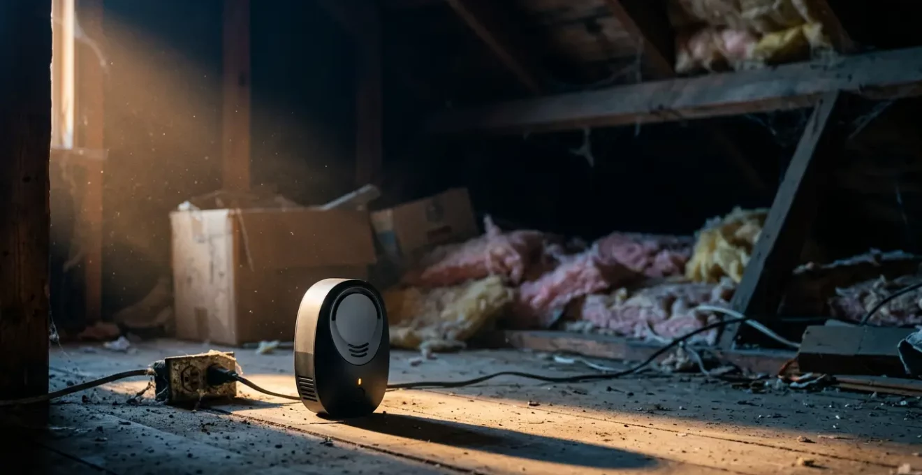 Dispositif répulsif à ultrasons moderne posé dans un grenier sombre avec isolation visible en arrière-plan