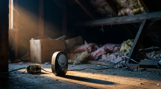 Dispositif répulsif à ultrasons moderne posé dans un grenier sombre avec isolation visible en arrière-plan