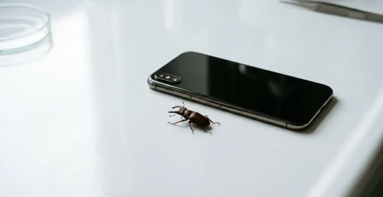 Smartphone en mode macro photographiant un petit insecte sur fond neutre avec éclairage optimal