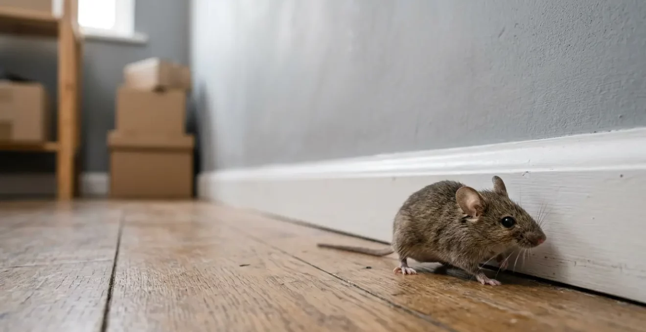Souris domestique explorant un environnement intérieur près d'une tapette à souris