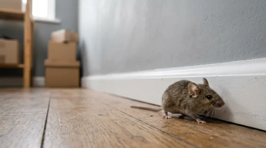 Souris domestique explorant un environnement intérieur près d'une tapette à souris