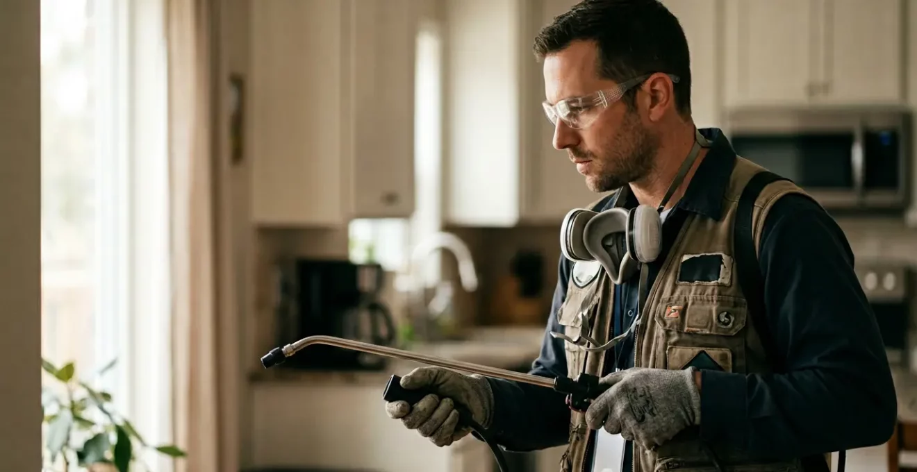 Technicien certifié Certibiocide intervenant avec équipement de protection dans un environnement professionnel