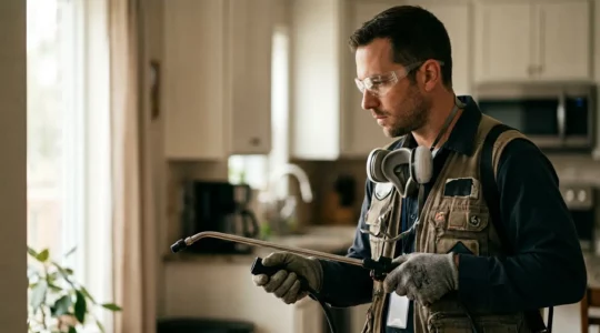 Technicien certifié Certibiocide intervenant avec équipement de protection dans un environnement professionnel