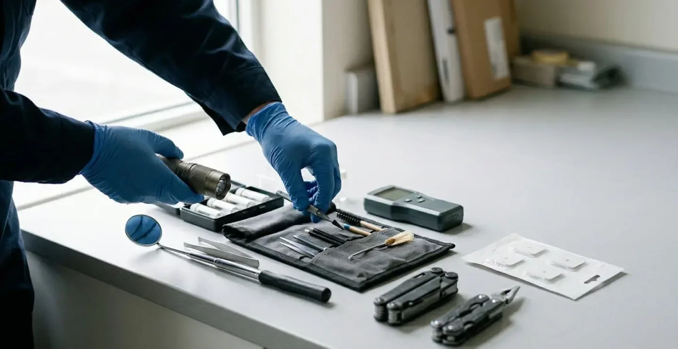 Technicien hygiéniste certifié préparant son équipement professionnel d'intervention contre les nuisibles