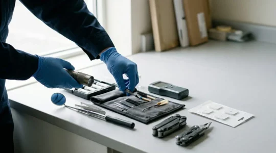 Technicien hygiéniste certifié préparant son équipement professionnel d'intervention contre les nuisibles