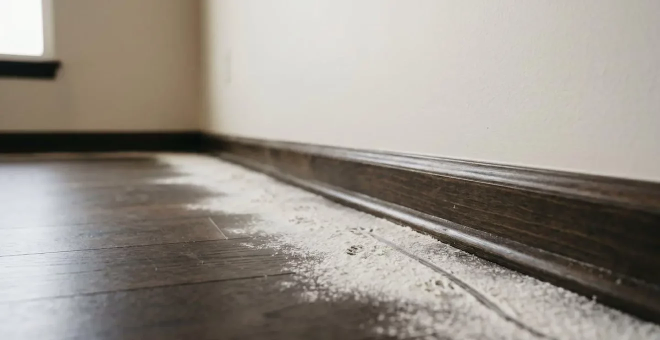 Fine couche de farine blanche étalée le long d'une plinthe montrant des empreintes de pattes de rongeur