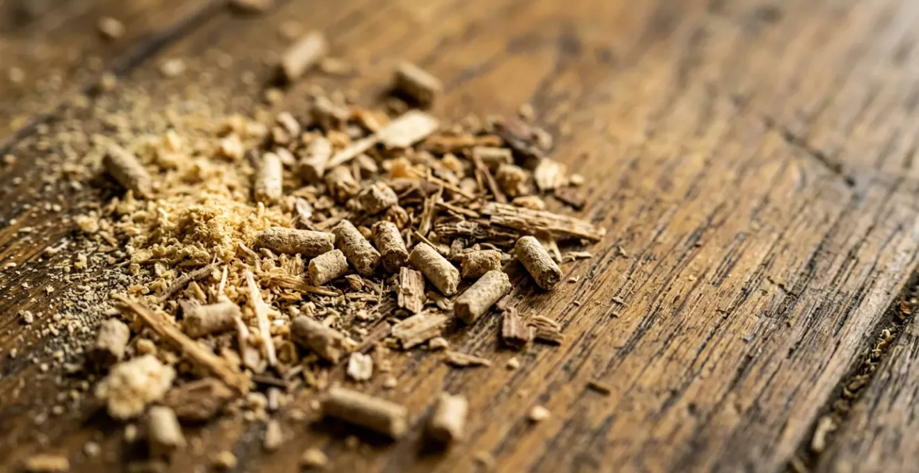 Gros plan sur de la sciure de bois et de la vermoulure au sol révélant la présence d'insectes xylophages dans une structure en bois