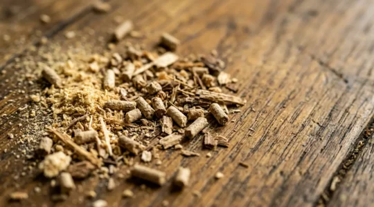 Gros plan sur de la sciure de bois et de la vermoulure au sol révélant la présence d'insectes xylophages dans une structure en bois