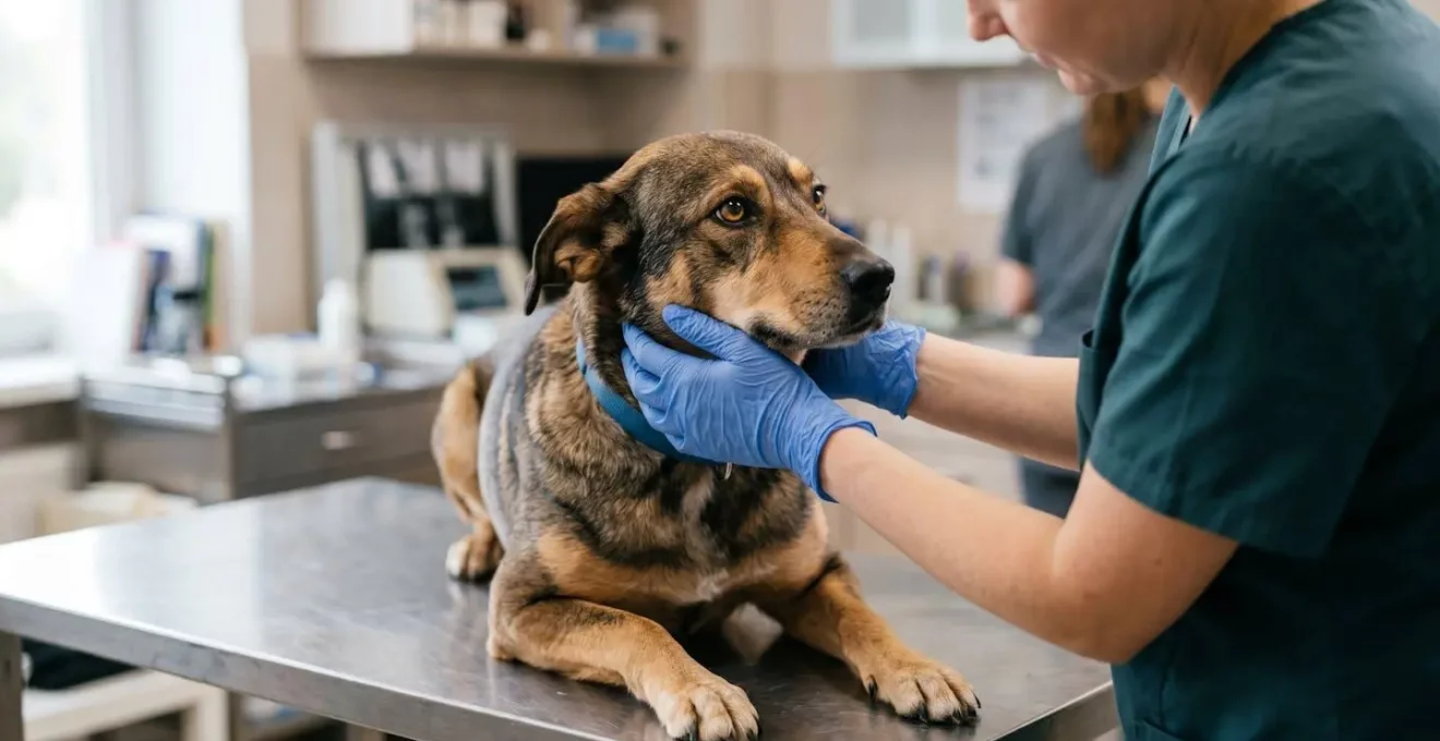 Examen vétérinaire d'un chien pour prévenir les risques de transmission de maladies après contact avec des rongeurs
