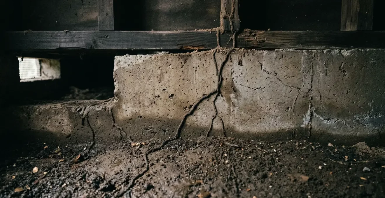 Vue en coupe d'un vide sanitaire où l'humidité favorise l'intrusion des termites souterrains sous les fondations d'une maison