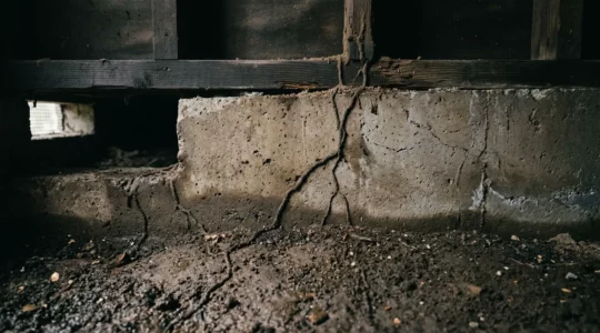 Vue en coupe d'un vide sanitaire où l'humidité favorise l'intrusion des termites souterrains sous les fondations d'une maison