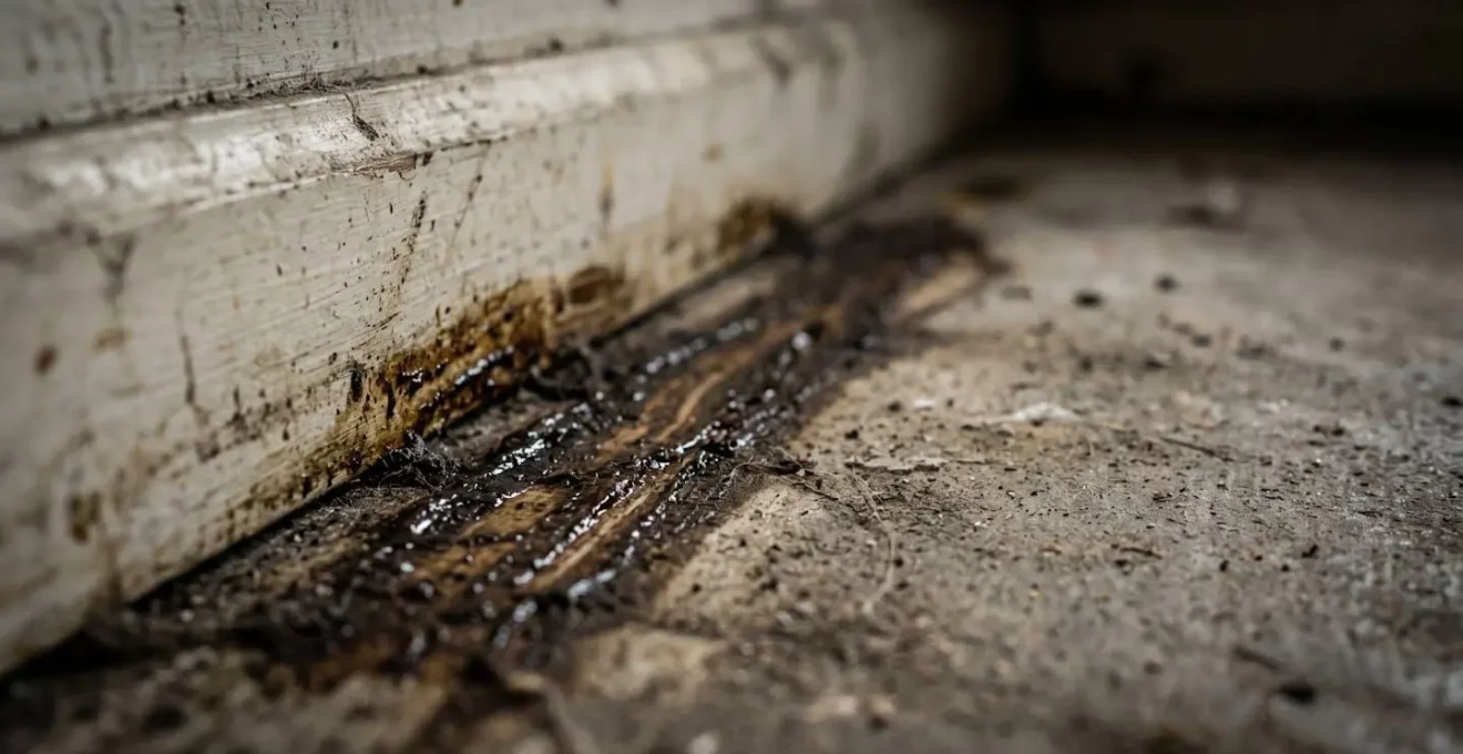 Gros plan sur des traces de passage de rats le long d'un mur montrant les marques de sébum caractéristiques