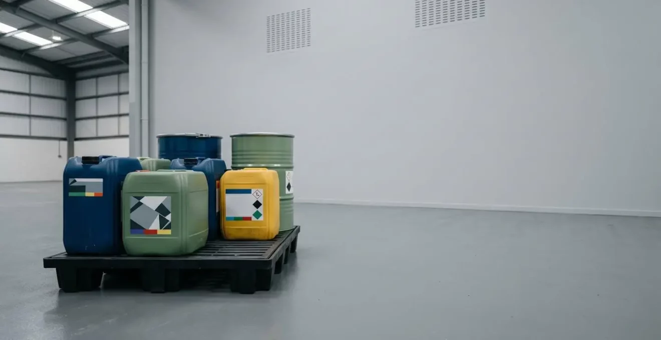 Contenants professionnels de produits biocides sur système de rétention sécurisé illustrant la gestion réglementaire
