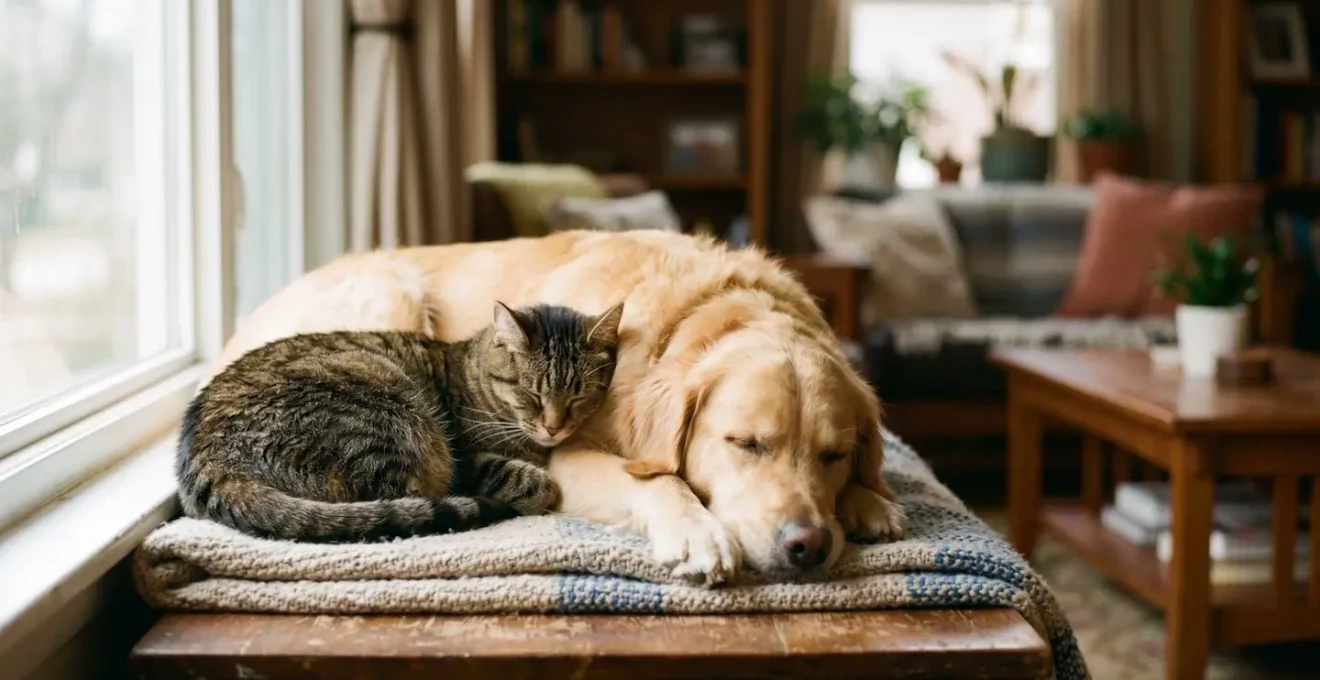 Chat et chien vivant ensemble dans un intérieur familial montrant la cohabitation