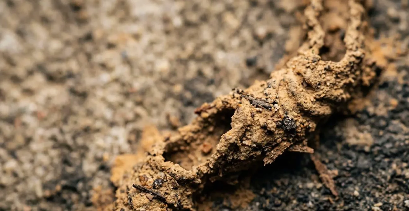 Gros plan macro d'un cordonnet de termites construit en surface d'un mur, révélant sa texture terreuse et sa fonction de tunnel protecteur