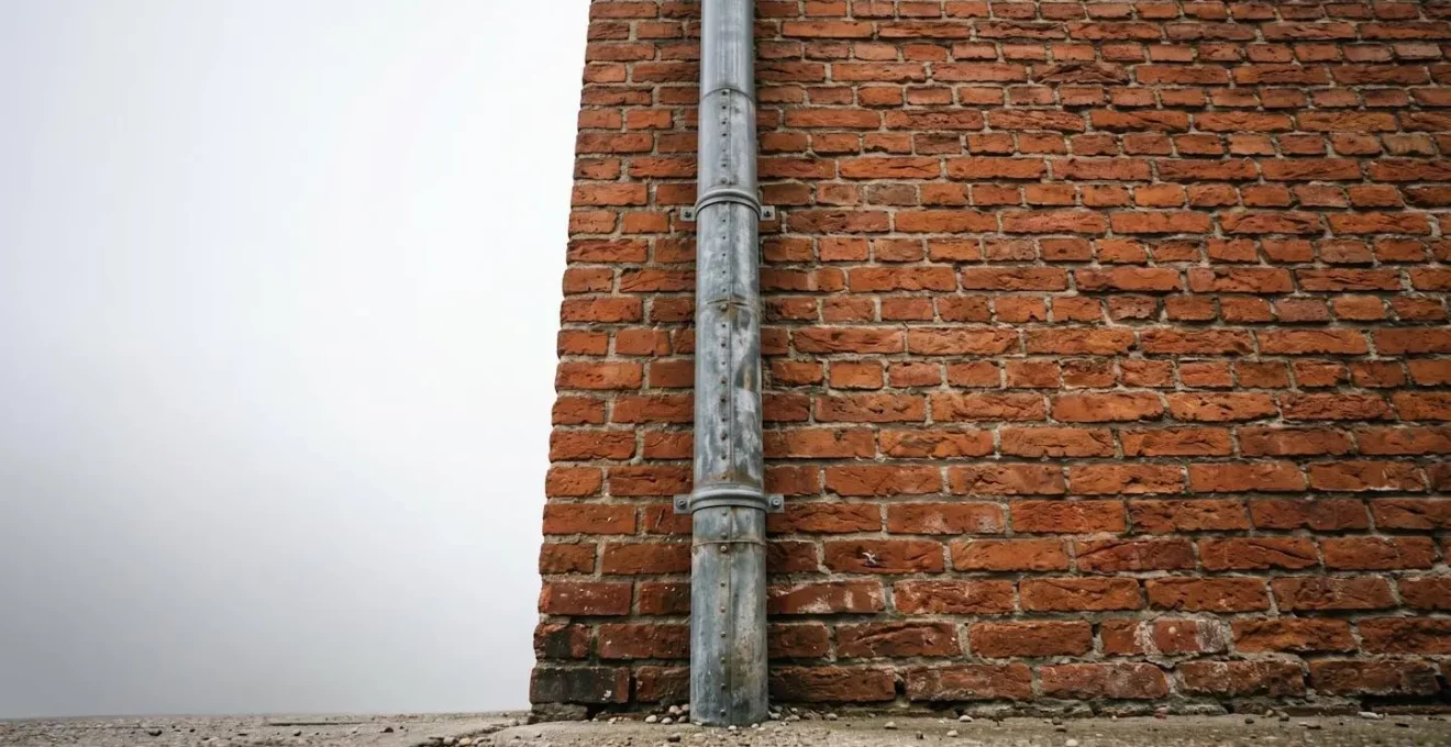 Vue en contre-plongée d'une descente de gouttière métallique le long d'un mur en brique montrant les points d'accès potentiels pour les rongeurs