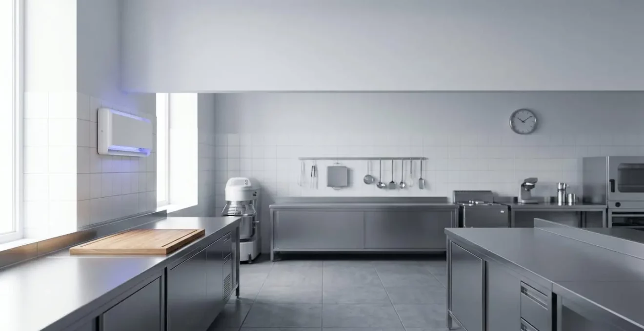 Vue environnementale d'une cuisine professionnelle moderne avec destructeur d'insectes à plaque de glu installé discrètement au mur