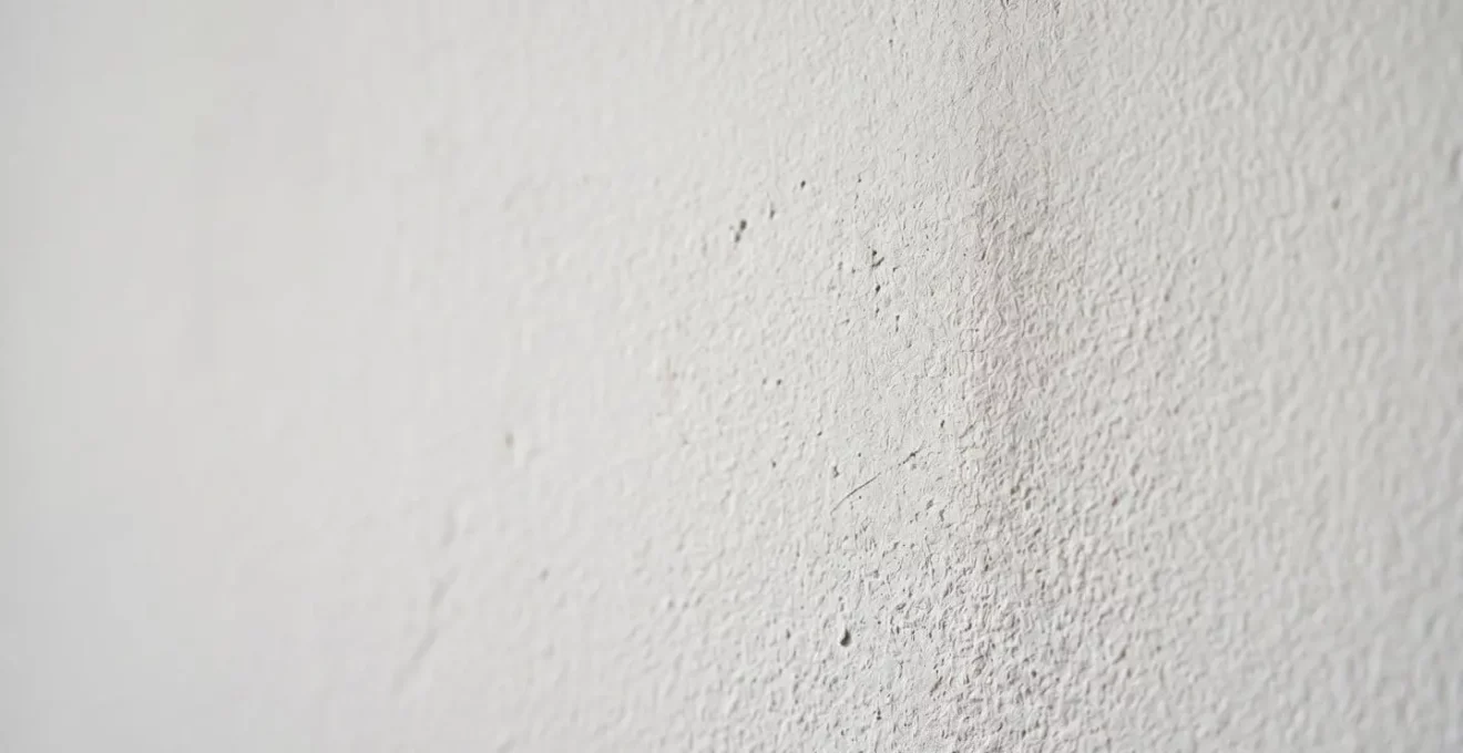 Gros plan sur une cloison en placo-plâtre, éclairage latéral révélant la texture du mur pour un diagnostic sonore.