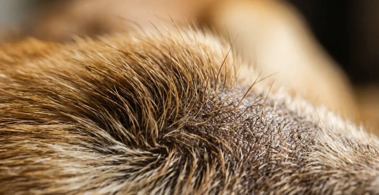 Gros plan macro sur la texture du pelage et de la peau d'un chien illustrant le mécanisme de diffusion