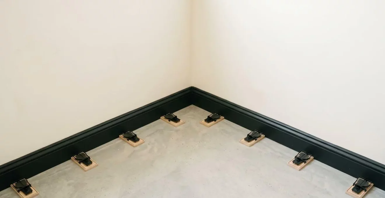 Vue d'ensemble d'une installation stratégique de pièges à souris le long des plinthes
